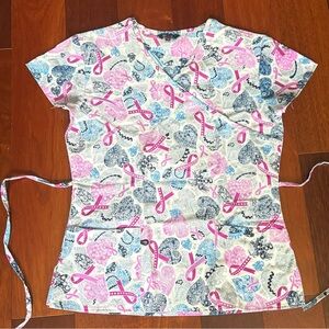 Zikit Scrub Top Women's XS Breast Cancer Pink Blue Ribbon Heart Medical Shirt